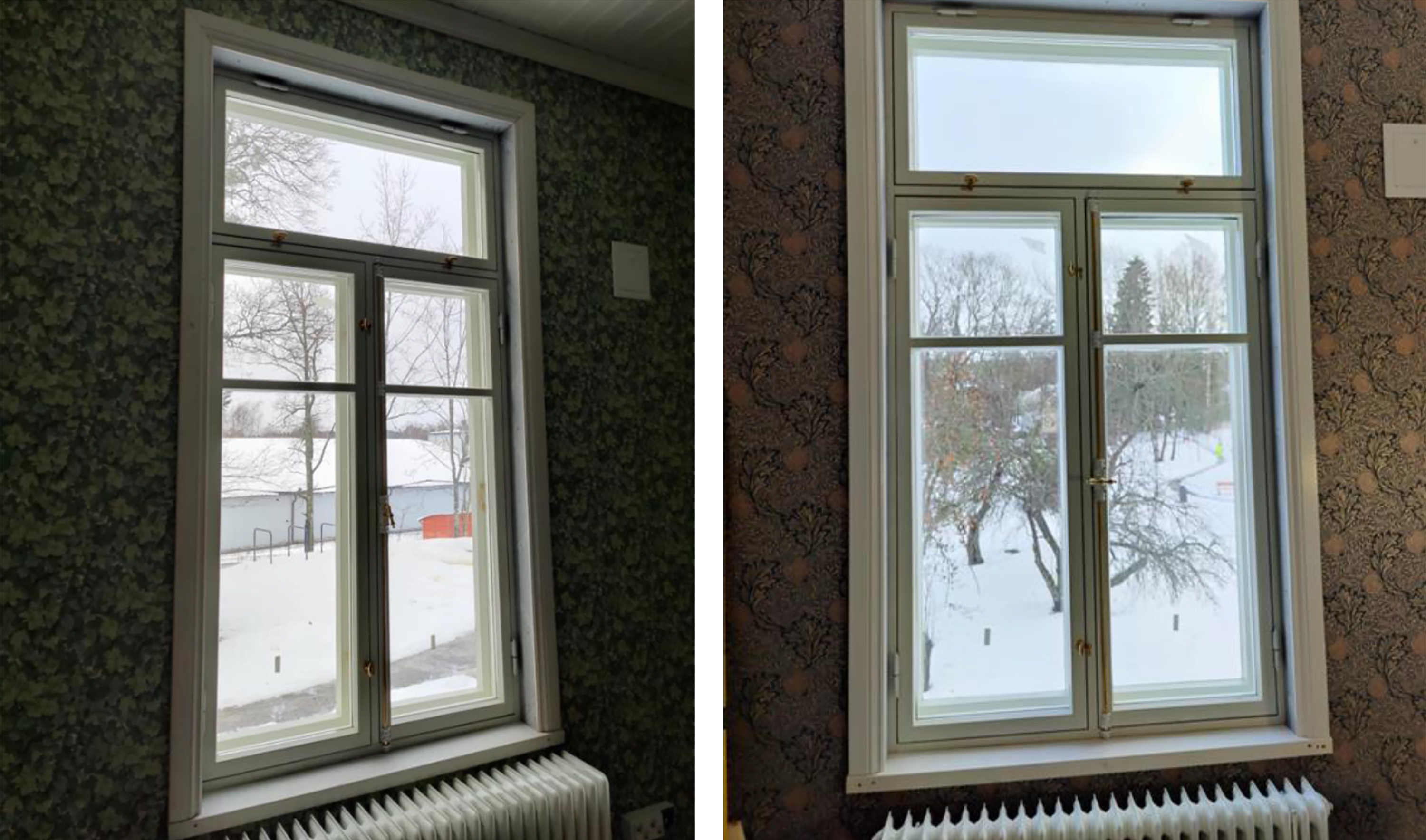 Ikkunapenkkien asennusta ja listoitusta.