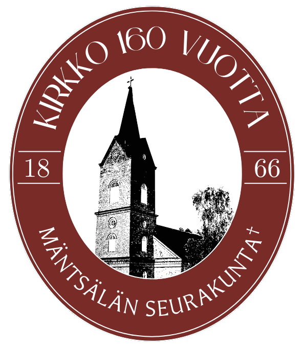 Juhlalogo, jossa on mustavalkoisena Mäntsälän kirkko ja teksti Kirkko 160 vuotta.
