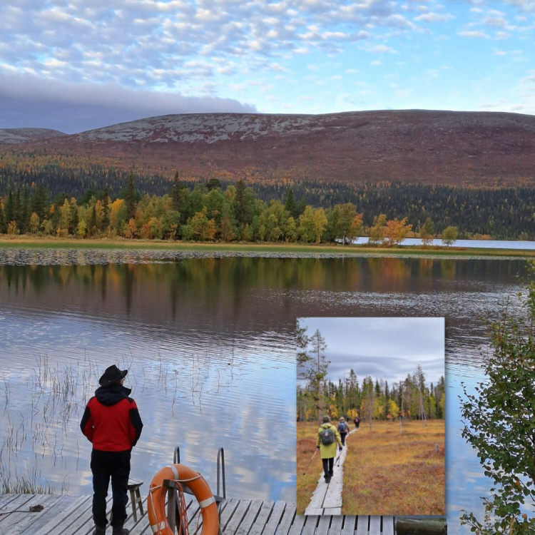 Mies seisoo laiturilla ja katsoo järvelle, pienessä kuvassa oikealla naisjono kävelee pitkospuilla