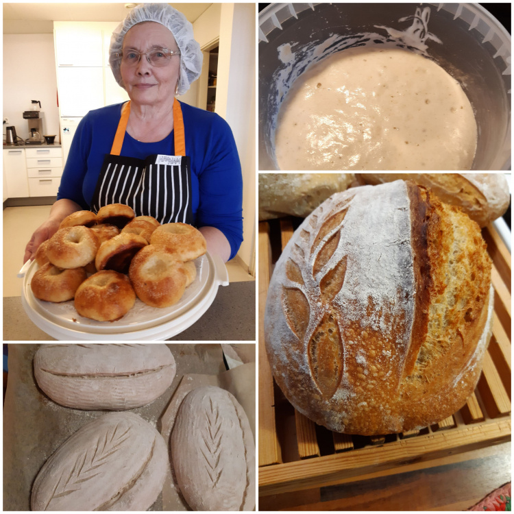 Juureen leivottua leipää sekä leipäpappi Päivi Laalo leipomassa.