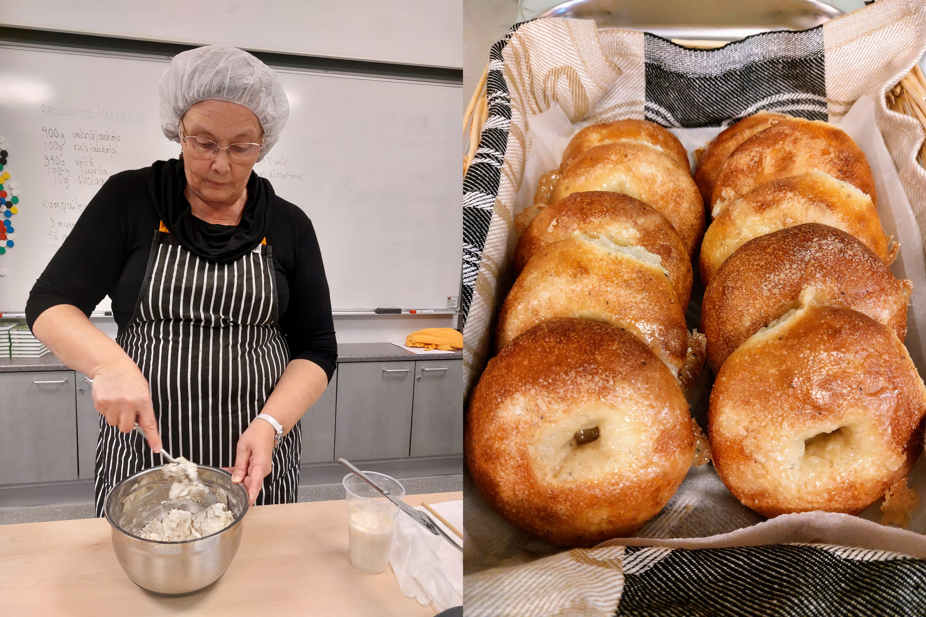 Vasemmalla kuva Päivi Laalosta leipomassa essu päällä ja oikealla on kuva voisilmäpullista.