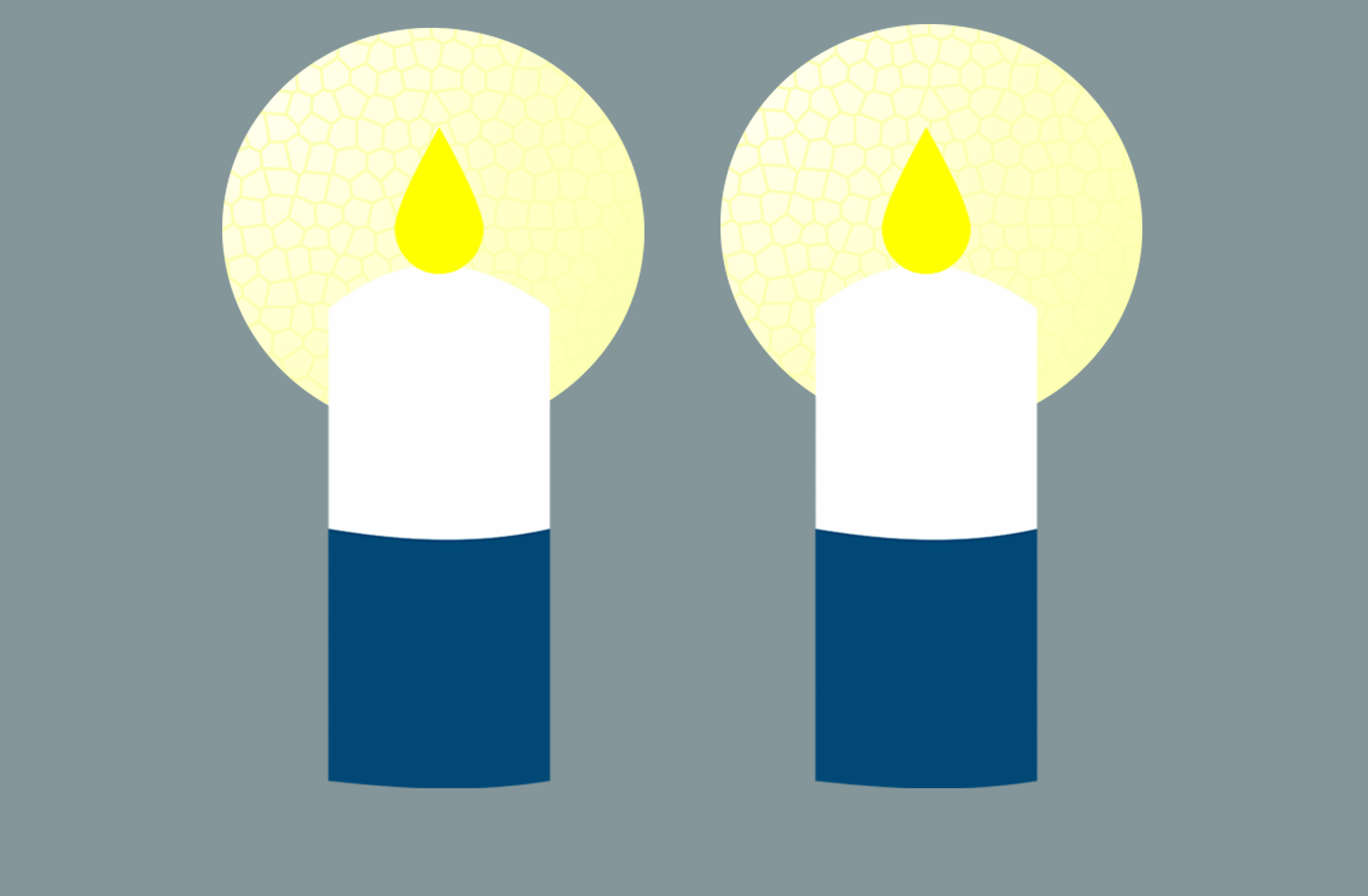 Kaksi piirrettyä sinivalkoista kynttilää loistavat harmaata taustaa vasten.