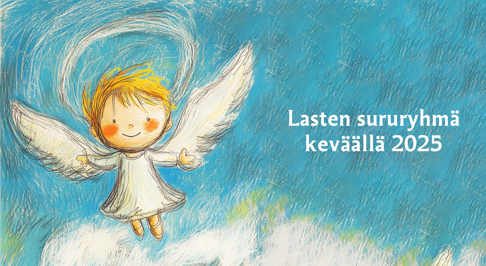 Lapsen piirtämä enkeli lentää taivaalla.