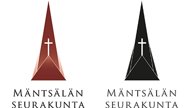 Mäntsälän seurakunnan kaksi lähes kolmion mallista logoa, joiden keskellä on valkoinen risti.