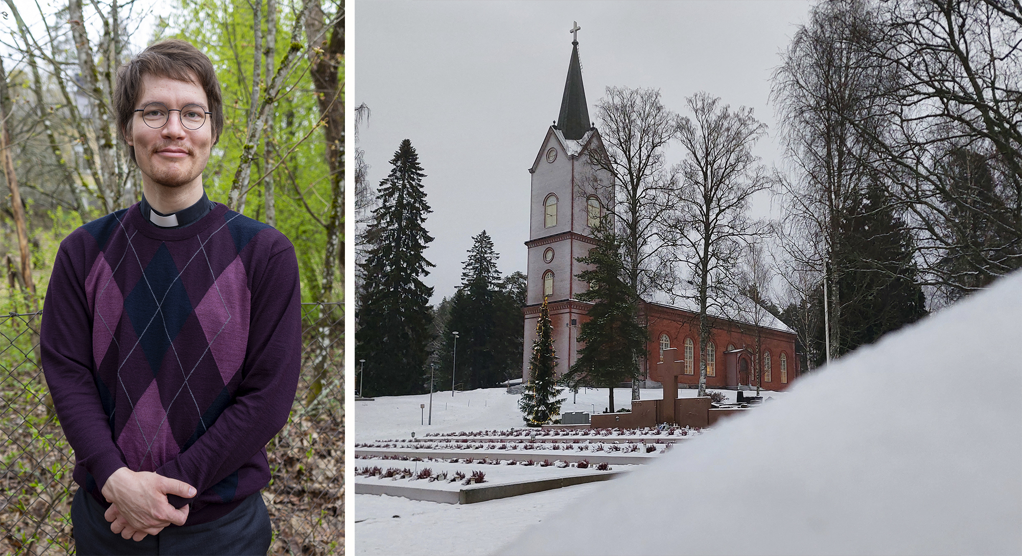 Niko-Pekka Ovaskaisen kasvokuva vasemmalla ja kuva talvisesta Mäntsälän kirkosta oikealla.
