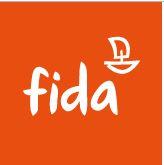 Fidan logo: oranssin laatikon sisällä teksti fida ja pieni purjevene.