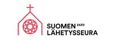 Suomen Lähetysseuran logo: Punaisella ääriviivoilla kirkko.