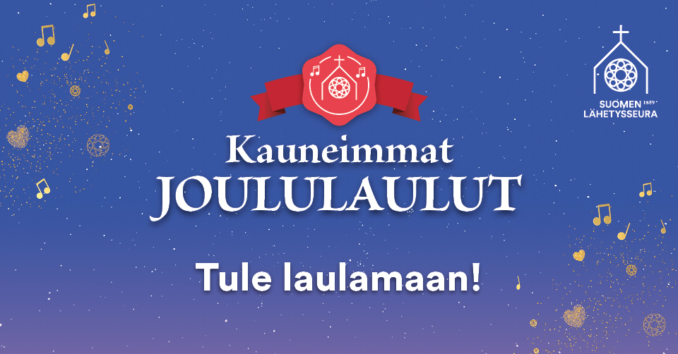 Kauneimmat Joululaulut -logo ja Lähetysseuran logo sinistä taustaa vasten, jossa on kultaisia tähtiä.