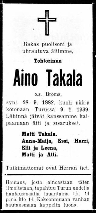 Aino Takalan os. Bromsin kuolin- ilmoitus Uusi Suomessa 12.1.1939.
