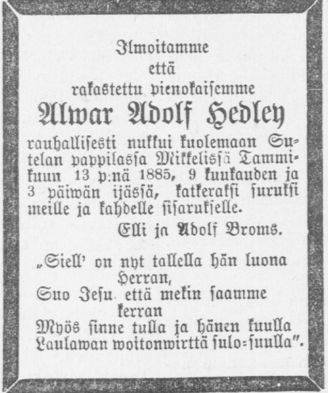 Alvar Adolf Hedleyn kuolinilmoitus lehdessä