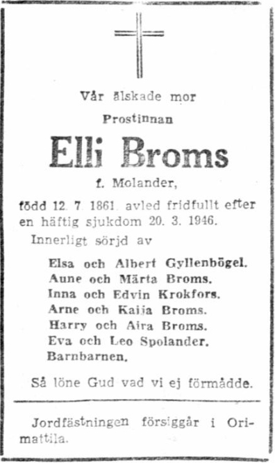 Elli Bromsin kuolinilmoitus lehdessä.