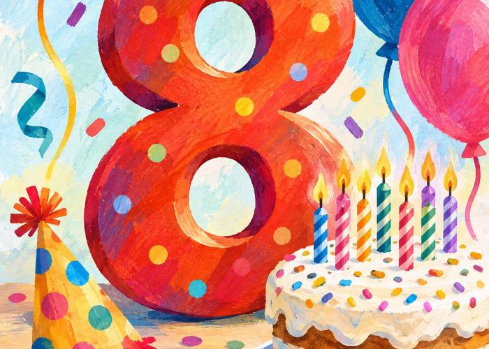 Numero 8, täytekakku ja ilmapalloja.