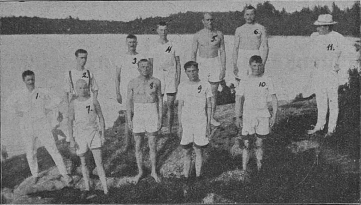Kuvassa on numeroituna Mäntsälän urheiluseuran johtokunnan jäseniä Sääksjärven rannalla vuonna 1916. Numero 2 on Harry Broms. Suomen Urheilulehti 7.12.1916.