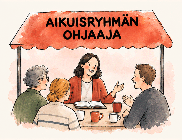 Aikuisryhmän ohjaaja ihmisten ympäröimänä