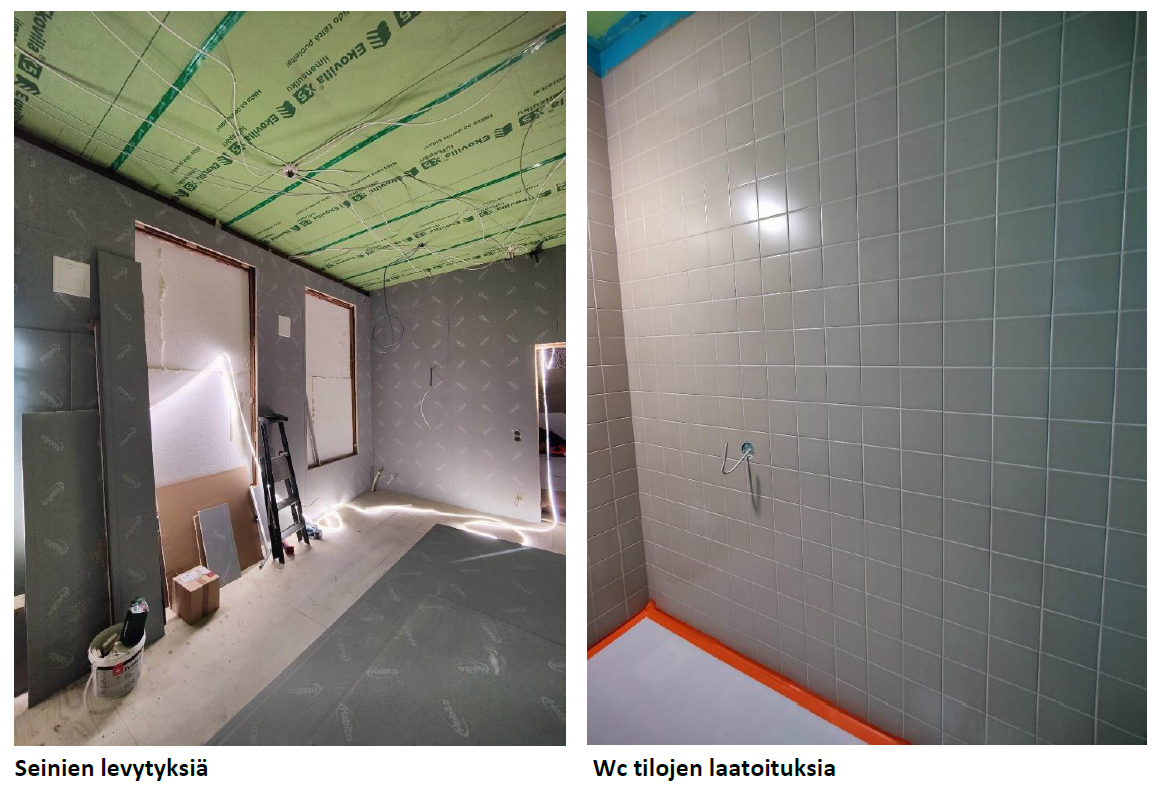 Seinien levytyksiä ja WC-tilojen laatoituksia.
