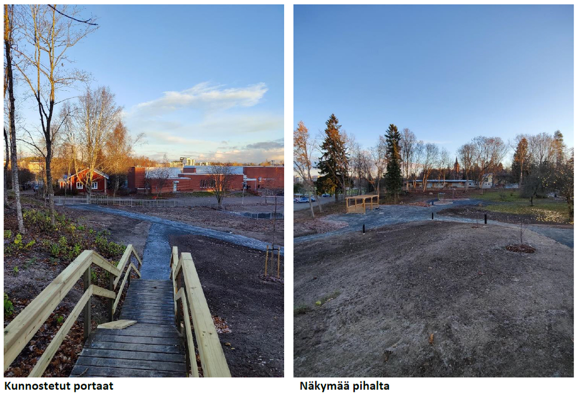 Kunnostetut portaat ja näkymää pihalta.