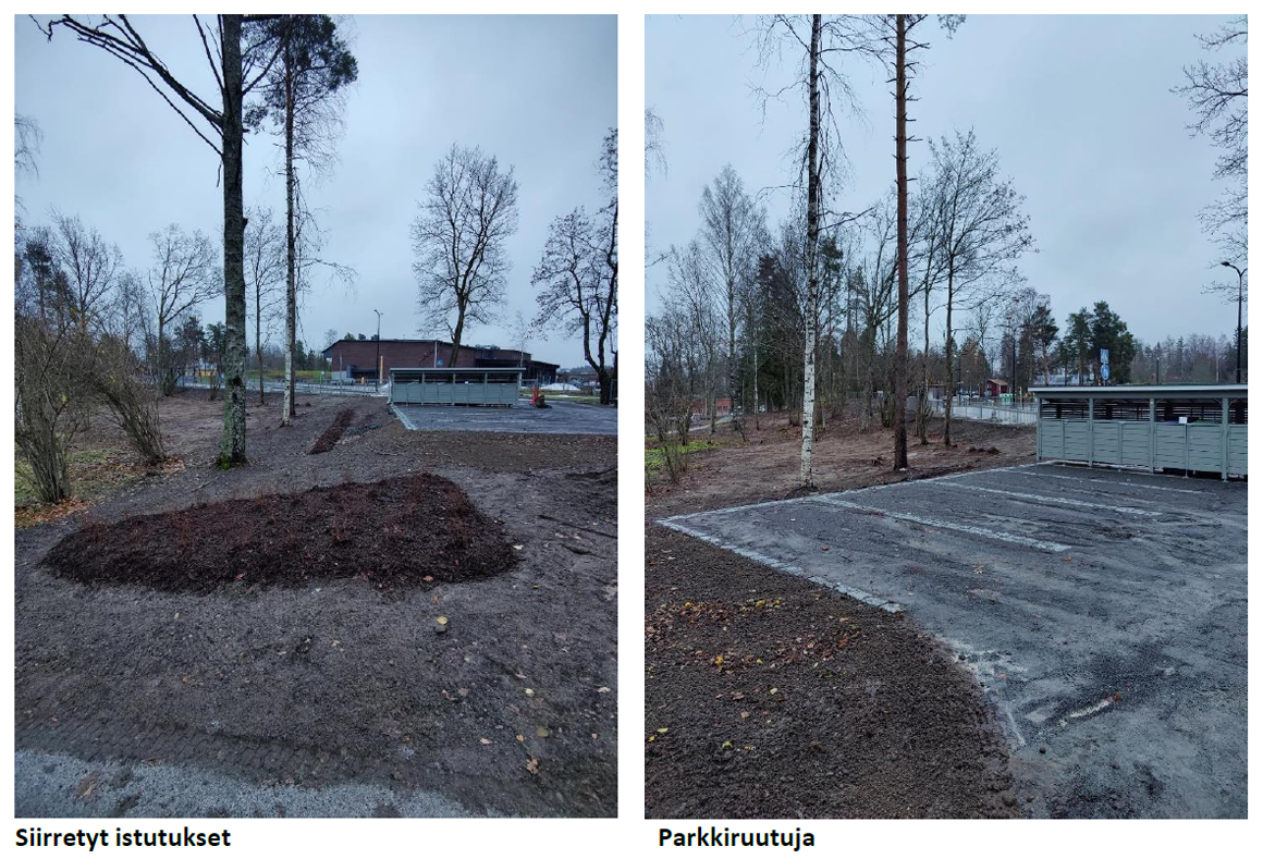 Siirretyt istutukset ja parkkiruutuja.