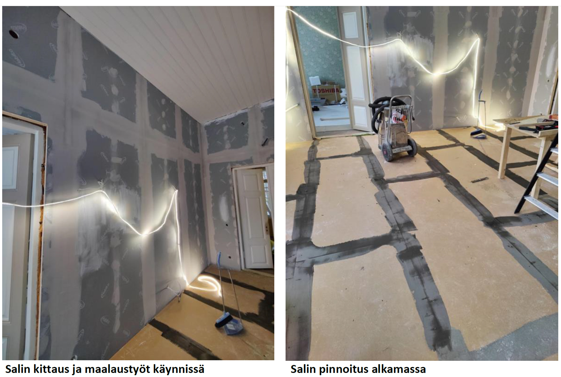 Vasemmalla salin kittaus- ja maalataustyöt ovat käynnissä ja oikealla salin pinnoitus on alkamassa.