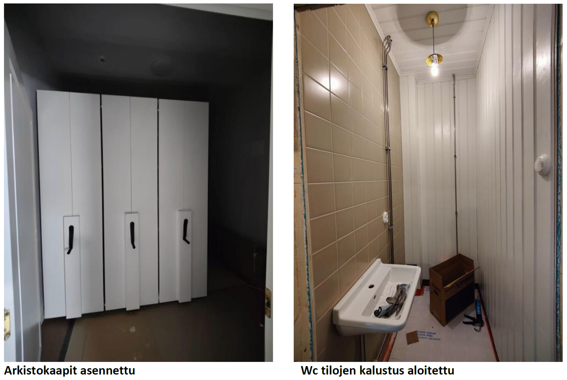 Vasemmalla arkistokaapit asennettu ja oikealla WC-tilojen kalustus on aloitettu.