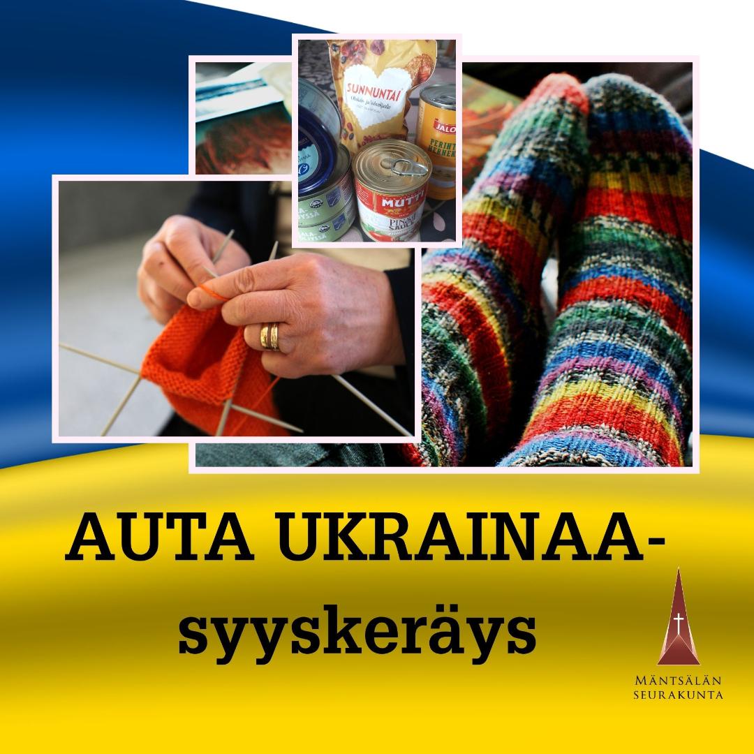 Ukrainan lipun päällä villasukat, kudin ja kuivaruokaa